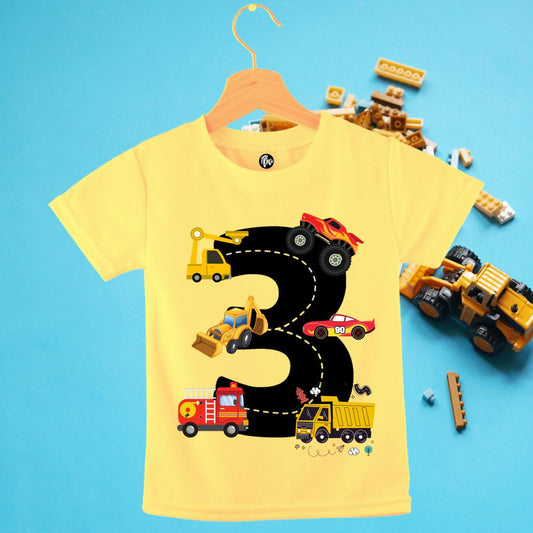 Third Birthday T-Shirt for Kids | Construction Crew & Fire Truck