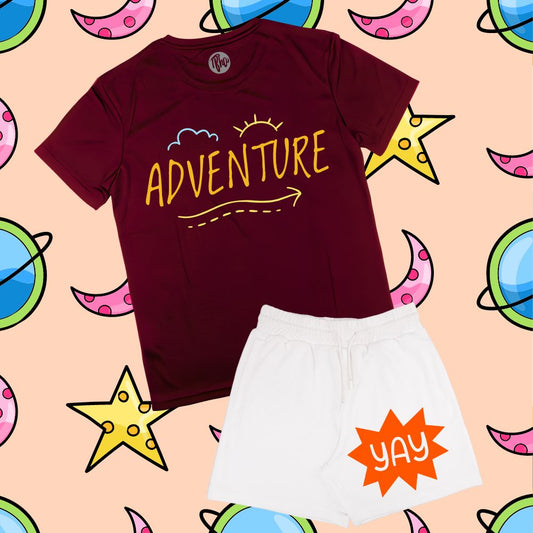 Maroon Adventure T-Shirt & White Terry Shorts Coord Set