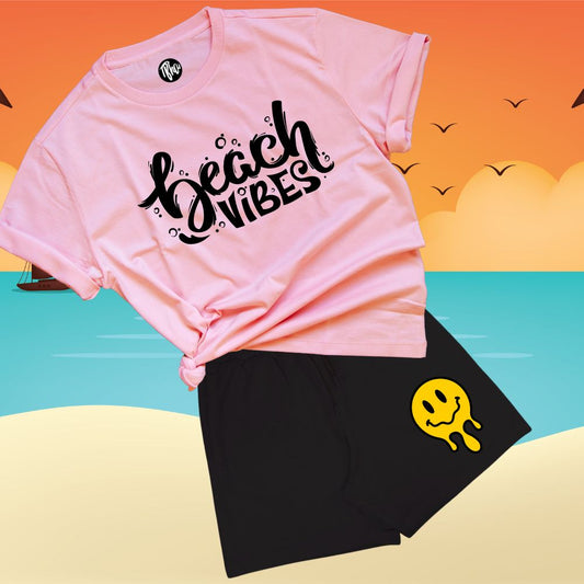 Light Pink Beach Vibes T-Shirts & Black Terry Shorts Coord Set