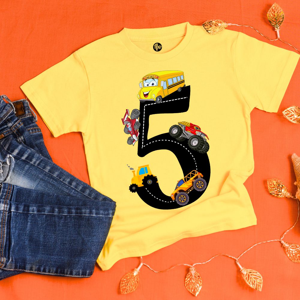 5th Birthday T-Shirt for Kids | Cars & School Bus Construction Vehicles