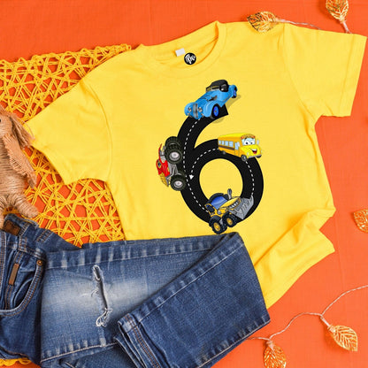 6th Birthday T-Shirt for Kids | Cars School Bus and Construction Theme - T Bhai