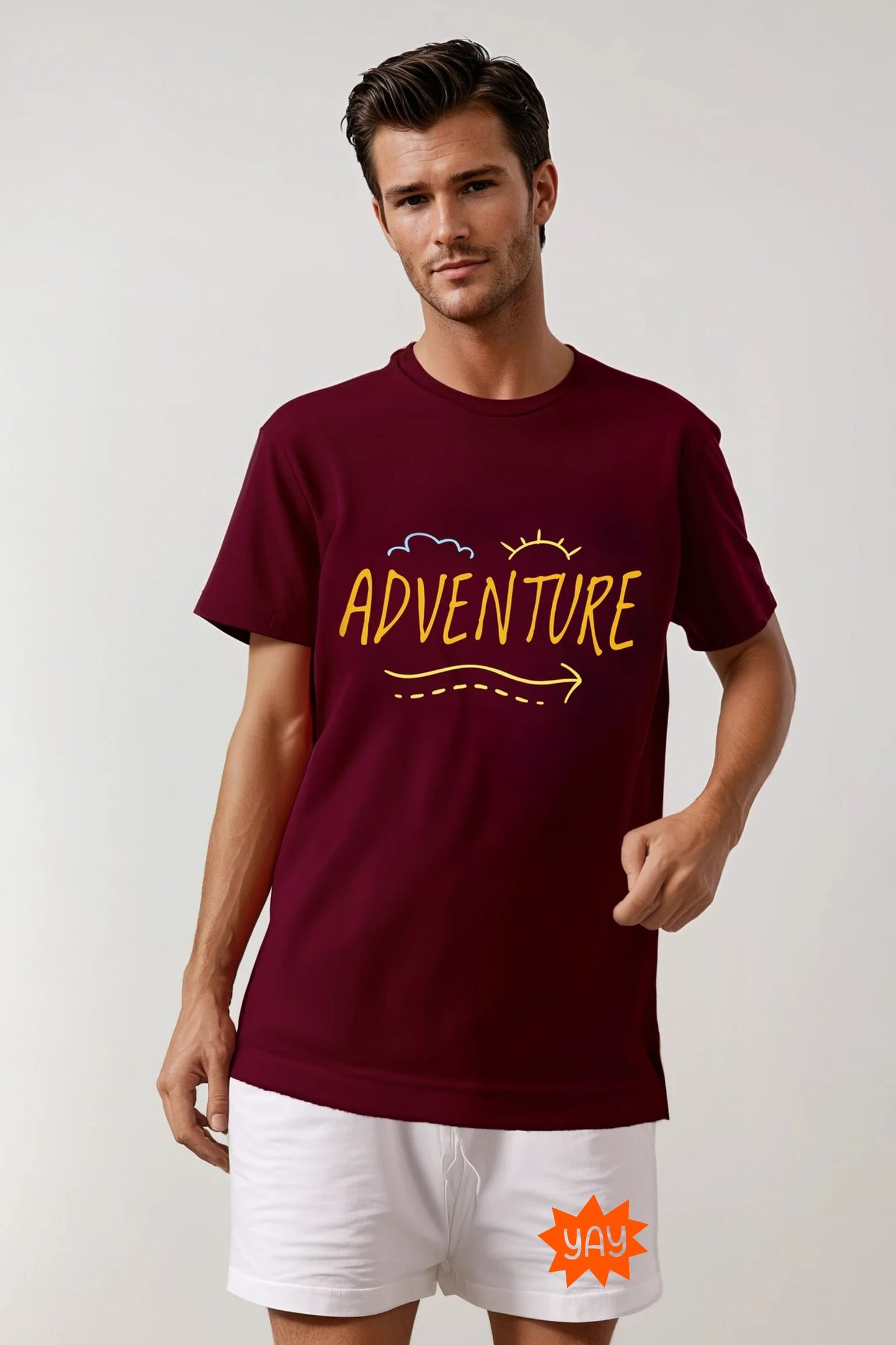 Maroon Adventure T-Shirt & White Terry Shorts Coord Set