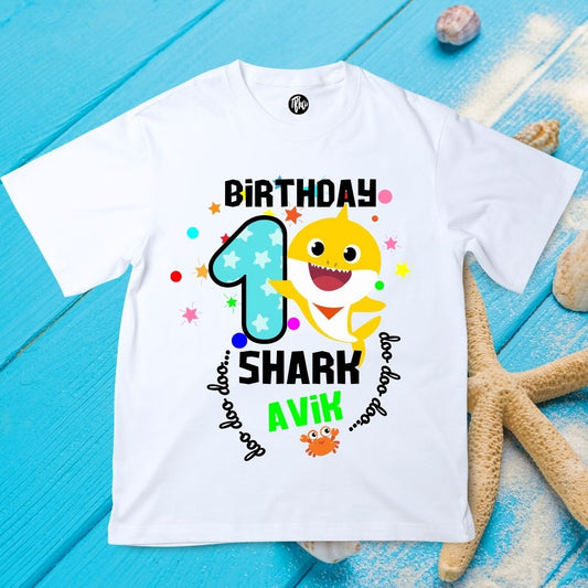 1st Birthday Baby Shark T-Shirt Personalized with Kids Name