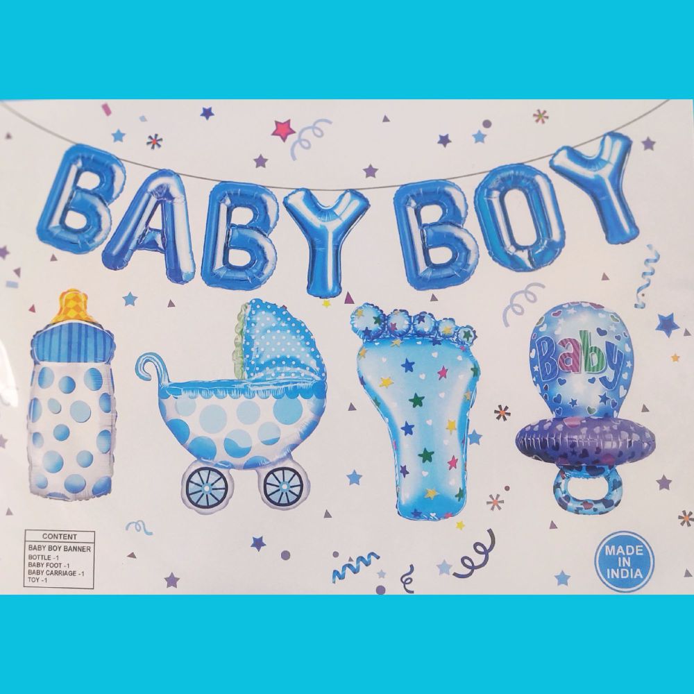 Baby Shower - Baby Boy Foil Paper Banner with 4 props (Baby Foot, Carriage, Bottle & Toy) - T Bhai