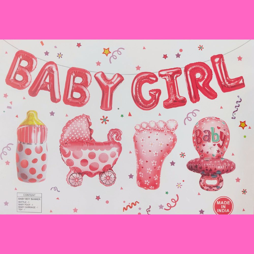 Baby Shower - Baby Girl Foil Paper Banner with 4 props (Baby Foot, Carriage, Bottle & Toy) - T Bhai