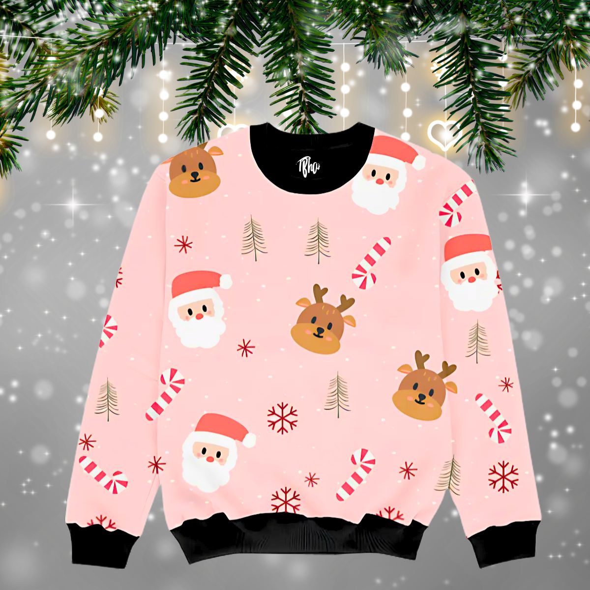 Christmas Theme All Over Printed Sweatshirt with Santa Reindeer Motifs