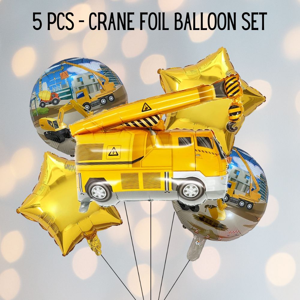 Vehicles/Transportation/Construction Theme Birthday Crane Foil Balloon Set 5 Pcs - T Bhai