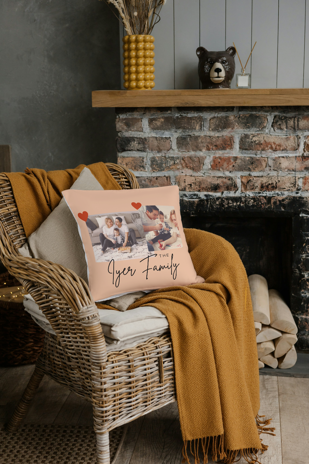 Personalized Photo Printed Cushion Cover With Family Name