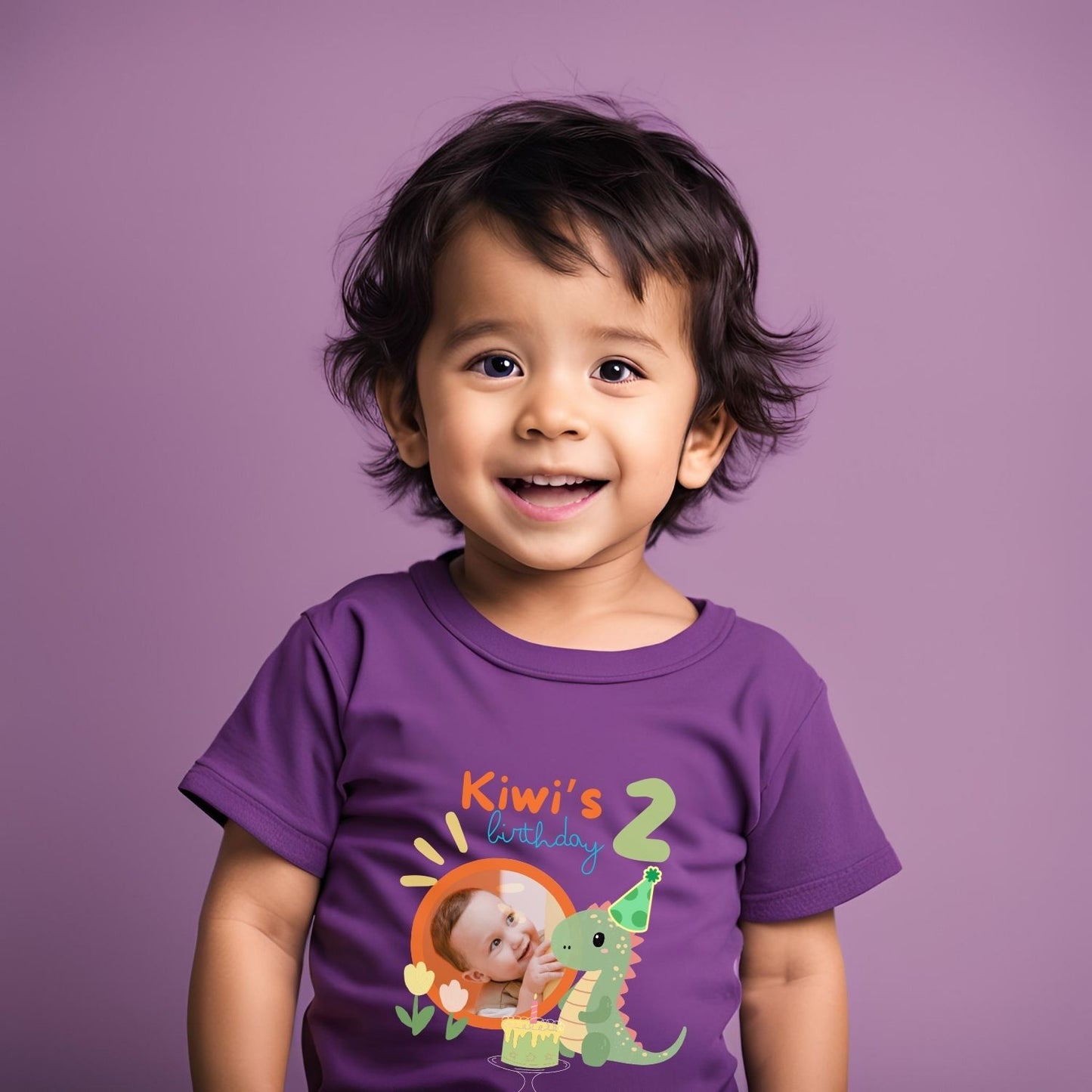 Personalized Photo Printed With Name Dino Theme Birthday T-Shirt