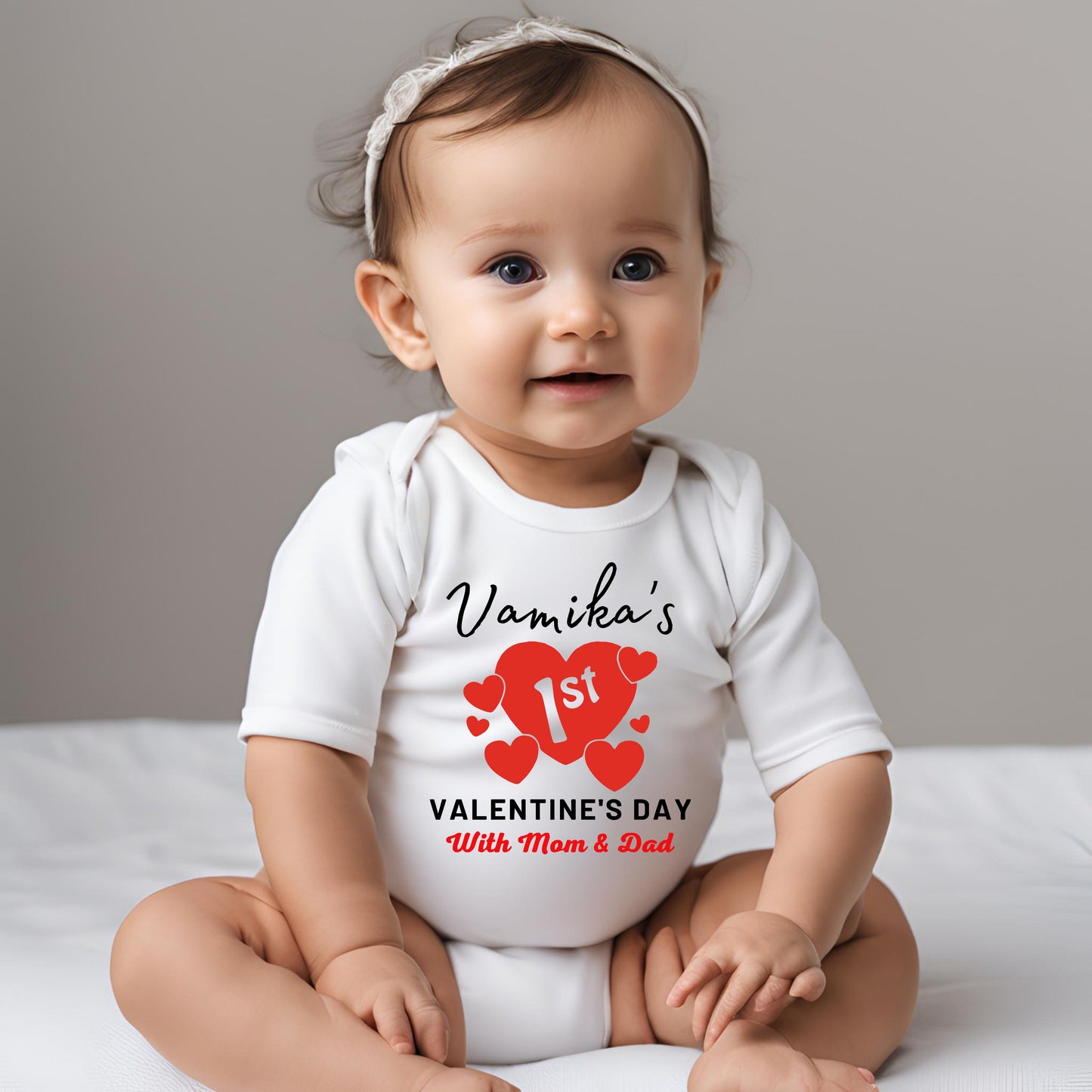 Custom Name First Valentine's Day With Mom & Dad Bodysuit for Baby Boys & Baby Girls