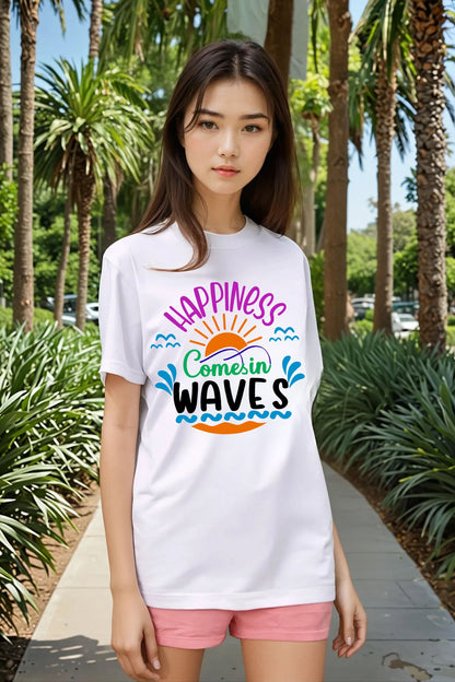 Happiness Come in Waves White T-Shirt and Beach Vibes Pink Terry Shorts Coord Set