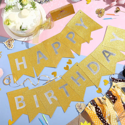 Happy Birthday Banner - Golden Glitter with Silver Alphabets