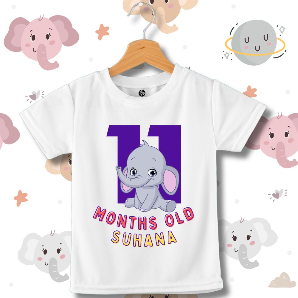 Monthly Birthday T-Shirts | 0-11 Months | Cute Jumbo Elephant Theme T-Shirt Customized with Baby Name - T Bhai