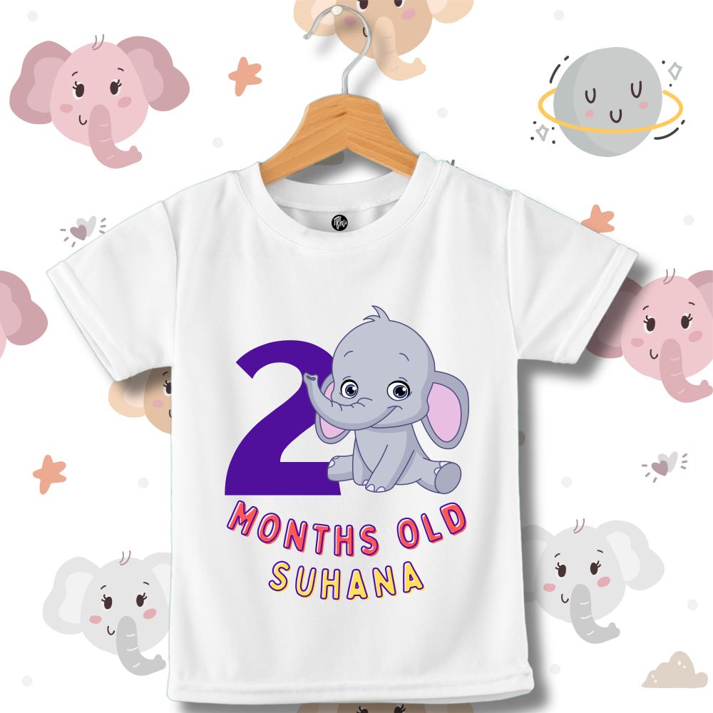 Monthly Birthday T-Shirts | 0-11 Months | Cute Jumbo Elephant Theme T-Shirt Customized with Baby Name
