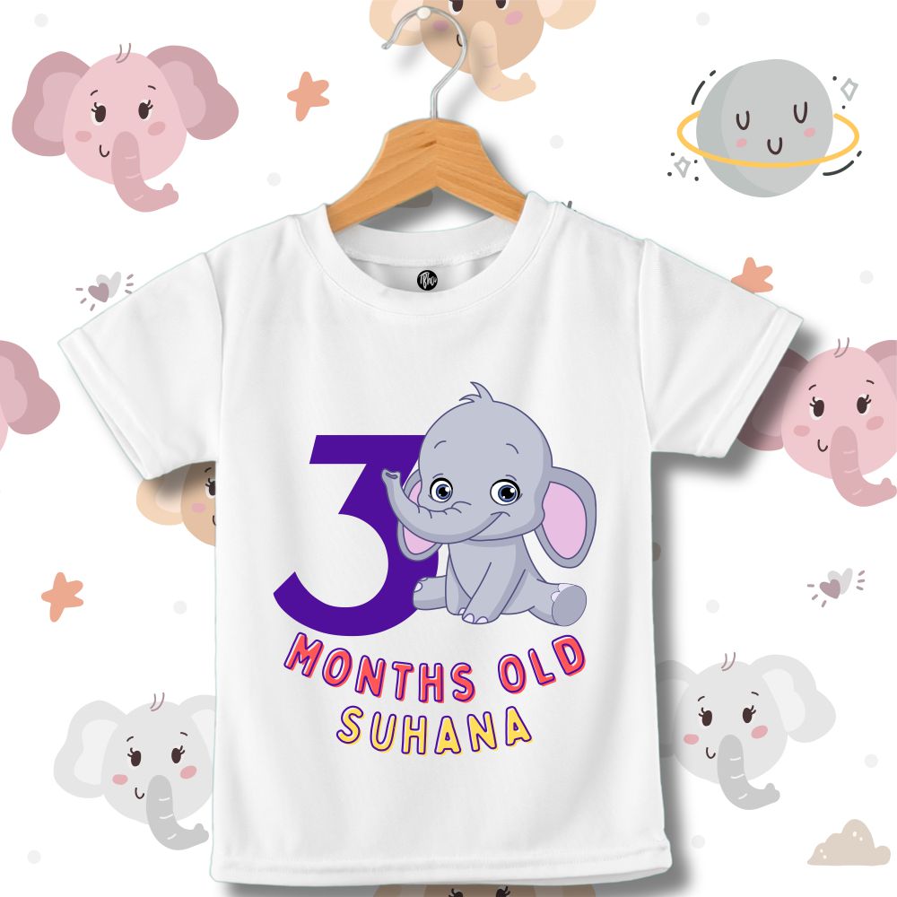 Monthly Birthday T-Shirts | 0-11 Months | Cute Jumbo Elephant Theme T-Shirt Customized with Baby Name