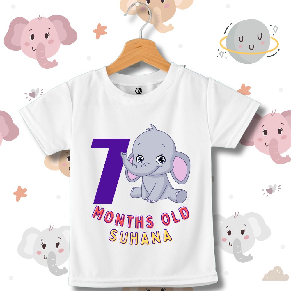 Monthly Birthday T-Shirts | 0-11 Months | Cute Jumbo Elephant Theme T-Shirt Customized with Baby Name - T Bhai