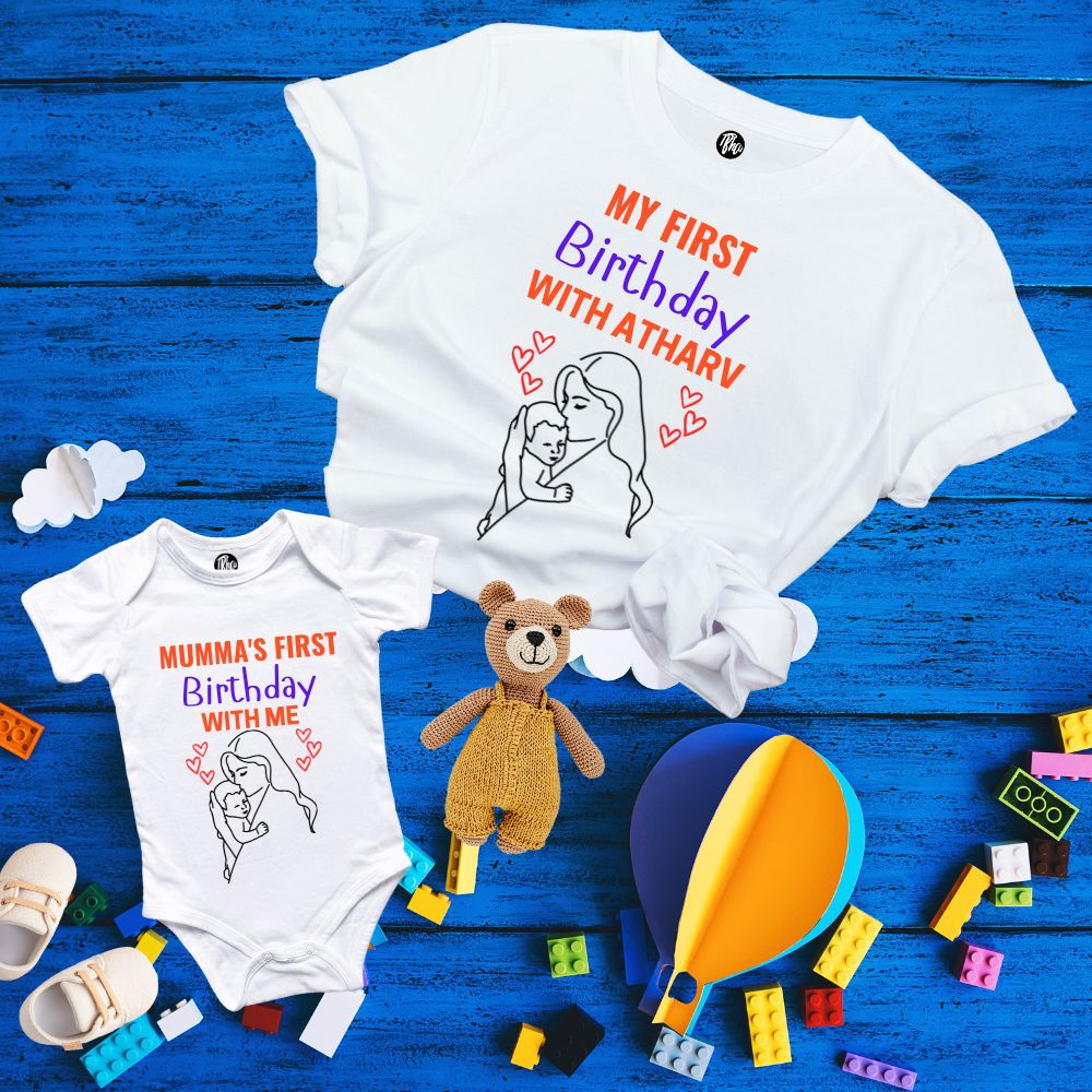 Mumma's First Birthday with me Personalized Mother & Baby Combo T-Shirts