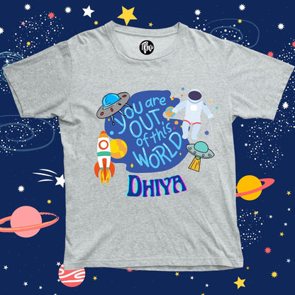 You are out of this World Space Theme Custom Name T-Shirt for Kids - T Bhai
