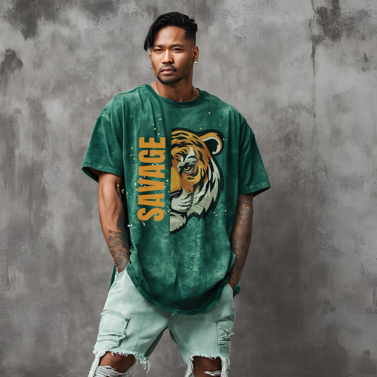 Savage Bottle Green Acid Wash Oversize T-Shirt