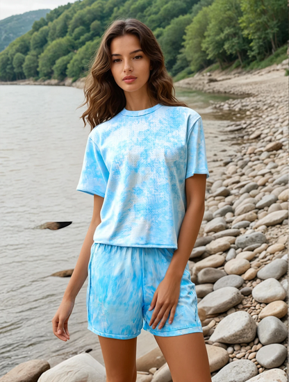 Tie and Dye Shades of Blue All Over Printed Unisex T-Shirt & Shorts Co-Ord Set