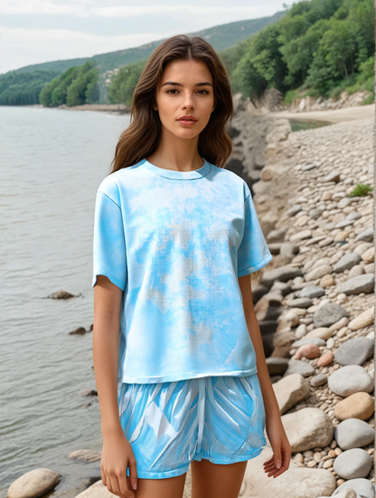 Tie and Dye Shades of Blue All Over Printed Unisex T-Shirt & Shorts Co-Ord Set