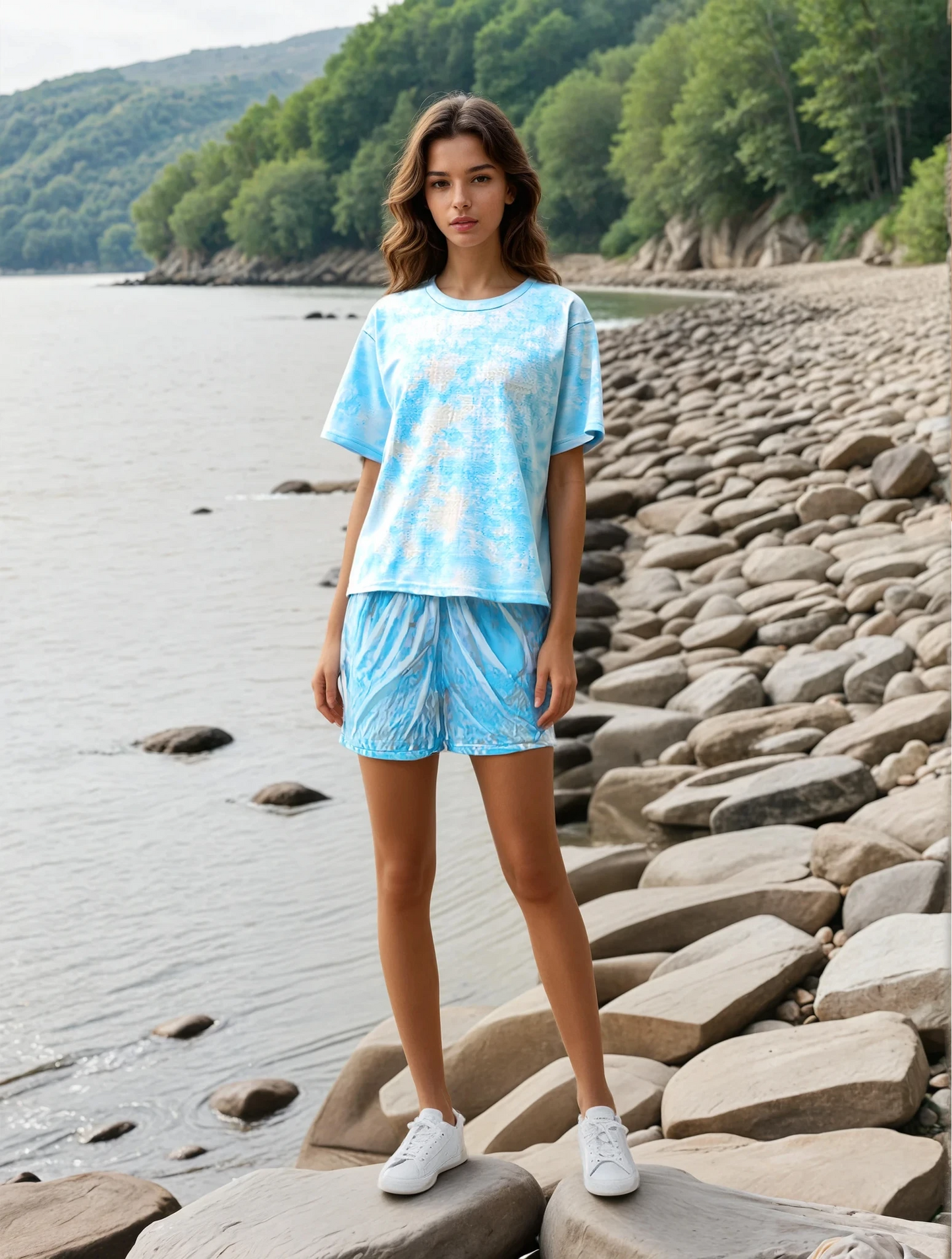 Tie and Dye Shades of Blue All Over Printed Unisex T-Shirt & Shorts Co-Ord Set