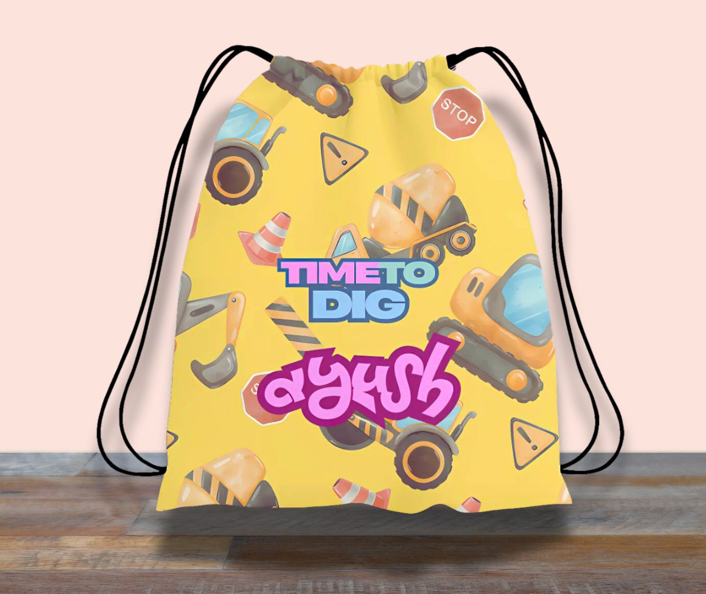 Time to Dig Construction Theme All Over Printed Personalized Drawstring Bag