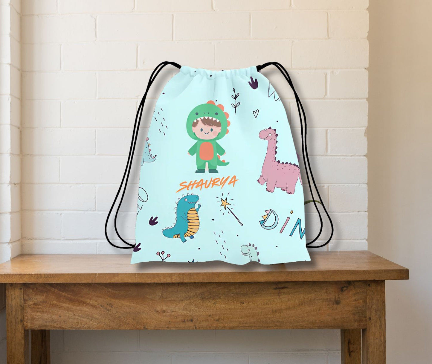 Dino Theme All Over Printed Personalized Drawstring Bag