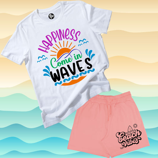 Happiness Come in Waves White T-Shirt and Beach Vibes Pink Terry Shorts Coord Set