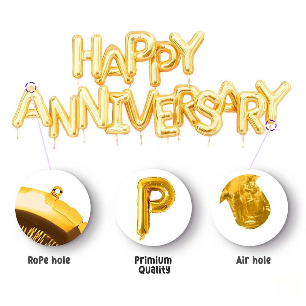 Happy Anniversary 16 Letters | Metallic Gold Foil Balloon Banner - T Bhai