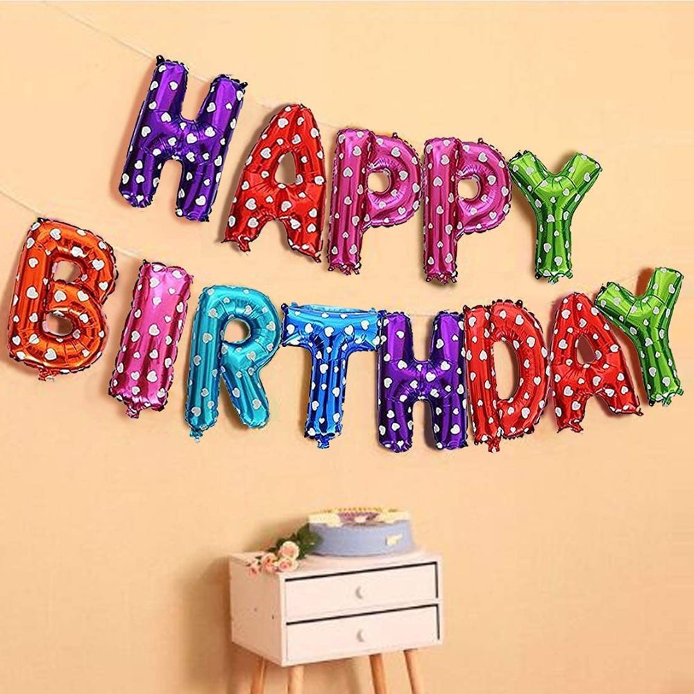 Happy Birthday 13 Letters | Multicolor Polka Dot Foil Balloon Banner - T Bhai