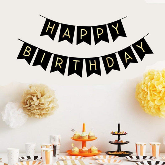 Happy Birthday Banner - Black Shimmery with Golden Alphabets - T Bhai