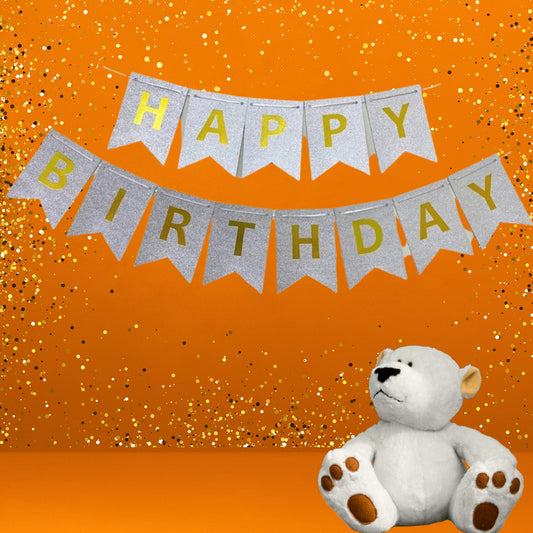 Happy Birthday Banner - Silver Glitter with Golden Alphabets