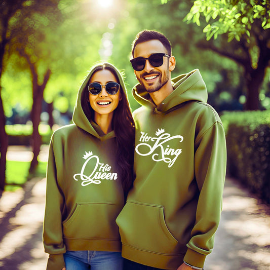 His Queen and Her King Olive Green Couple Hoodies