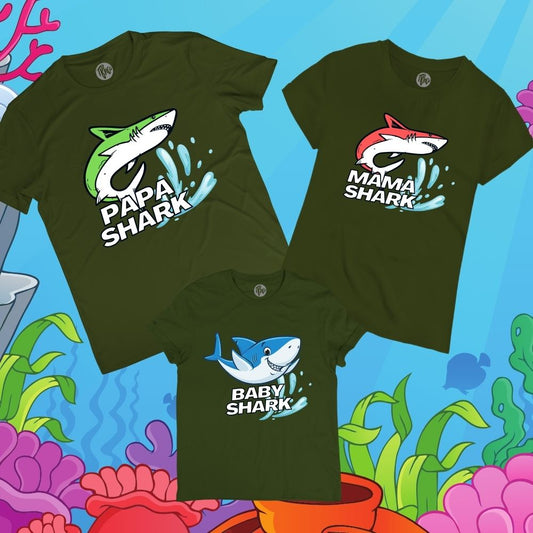 Papa Shark Mama Shark Baby Shark Family Olive Green T-Shirts