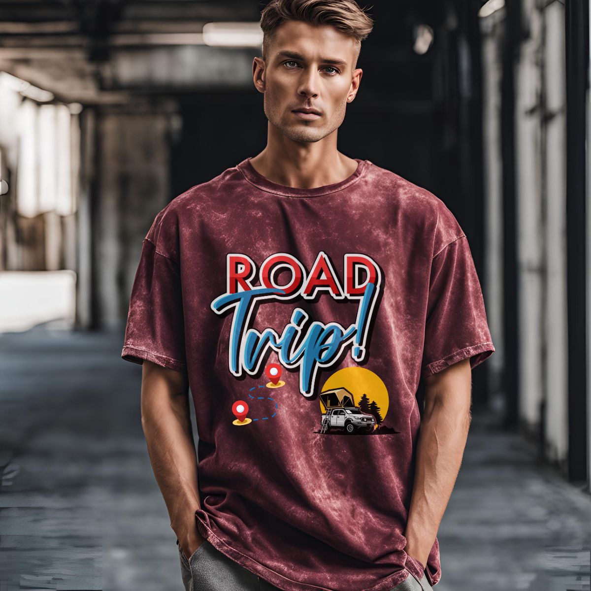 Road Trip Maroon Acid Wash Oversize Vacation T-Shirt