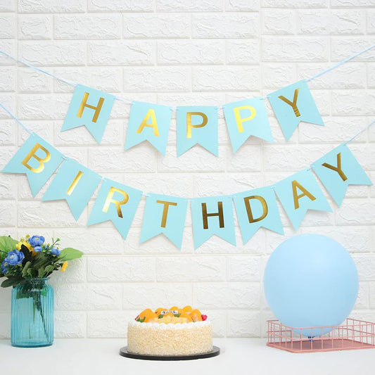 Happy Birthday Banner - Shimmery Blue with Golden Alphabets