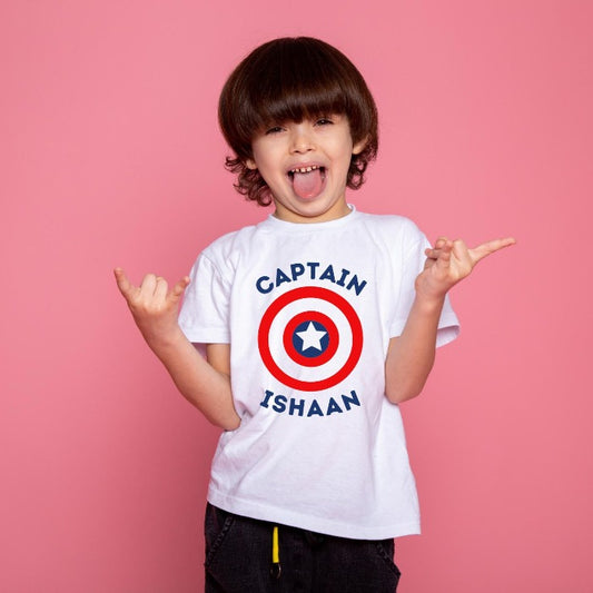 Captain America Theme Custom Name T-Shirt for Kids - T Bhai