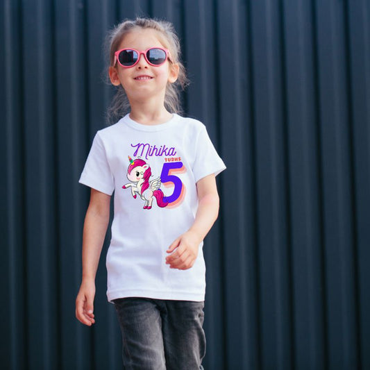 Custom Name Turns 5 Unicorn Theme 5th Birthday T-Shirt for Kids - T Bhai