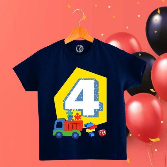 Fourth Birthday Truck Blocks & Dice T-Shirt for Kids - T Bhai