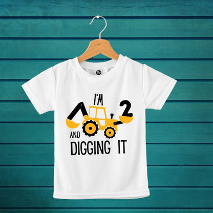Construction Theme - I am 2 & Digging it Second Birthday T-Shirt for Kids - T Bhai
