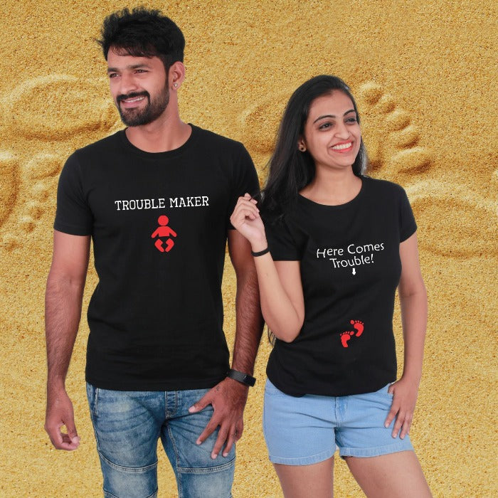 Trouble and Trouble Maker Baby Announcement T-Shirts - T Bhai